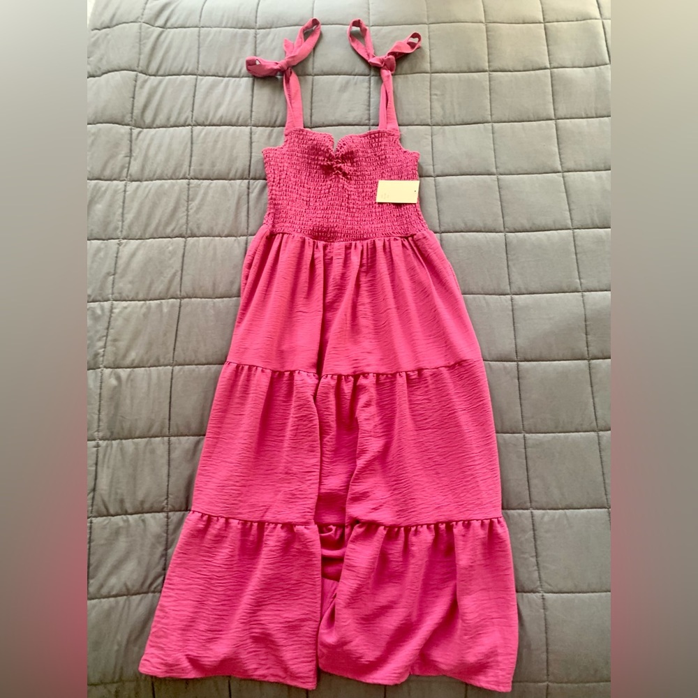 NWT Pie in the Sky Smocked Pink Midi Dress | Size Large | barbiecore bow ties